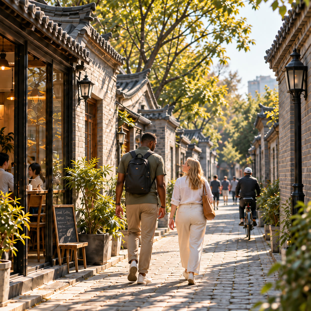 Two people walking through a sunlit Chinese neighborhood with cafés, bicycles and leafy streets